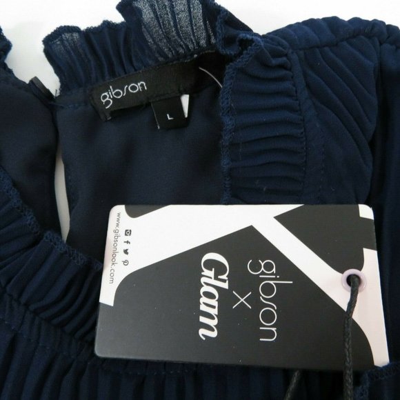 Gibson X Glam Steph Taylor Jackson Blouse Pleated Chiffon Ruffle Sleeve Blue - Picture 7 of 12